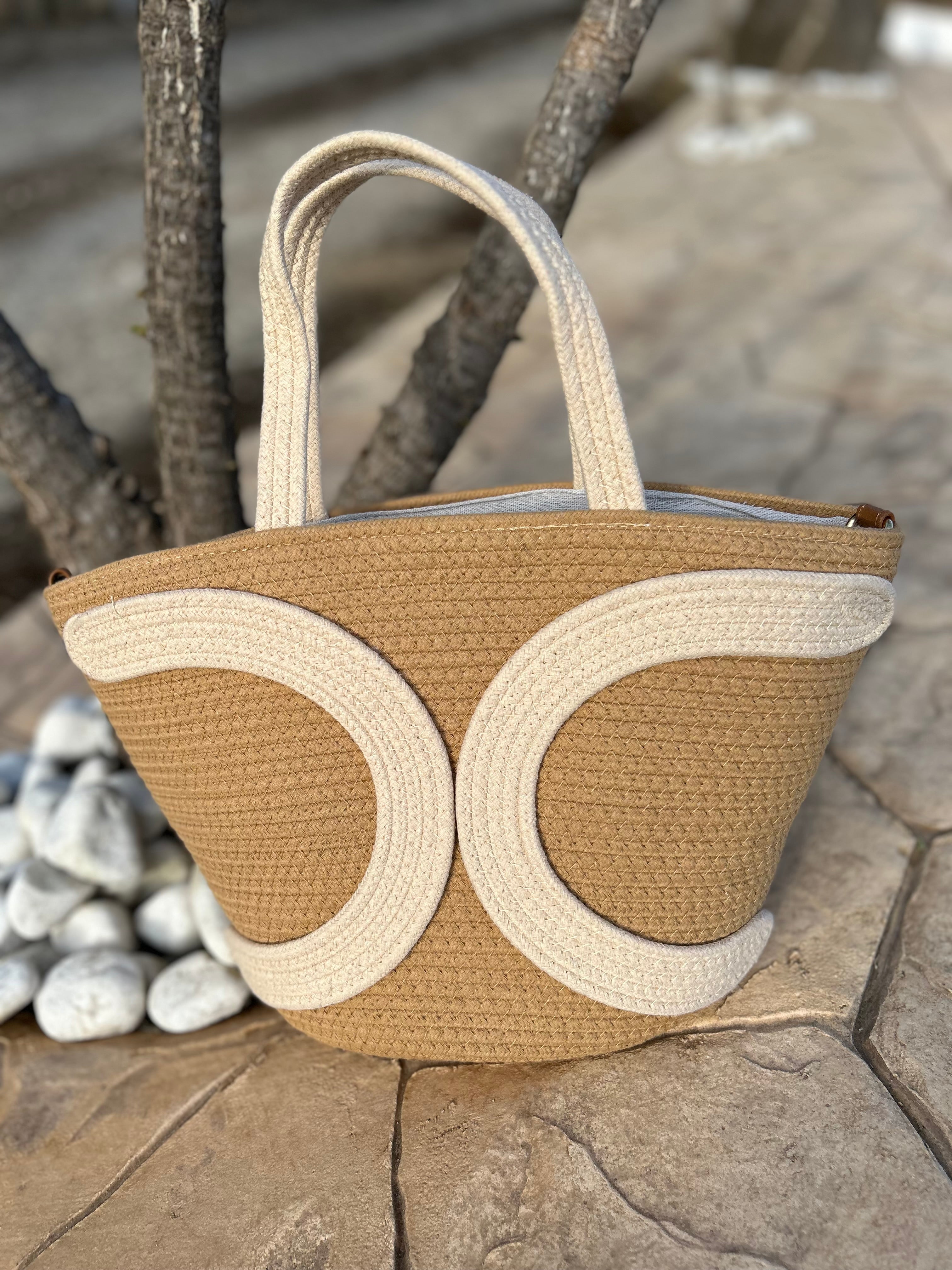 SANTORINI. Bolso de Rafia (camel y blanco)
