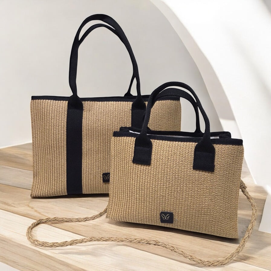 BOLSO DE RAFIA GRAN MÓNACO (CAMEL Y NEGRO)