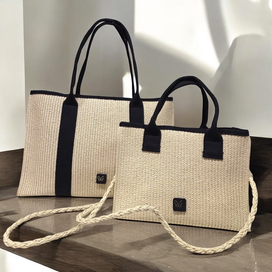 BOLSO DE RAFIA GRAN MÓNACO (BEIS Y NEGRO)