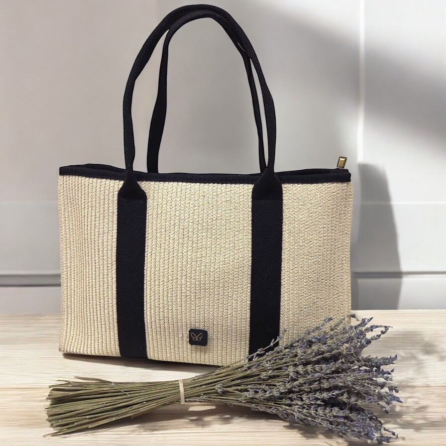 BOLSO DE RAFIA GRAN MÓNACO (BEIS Y NEGRO)