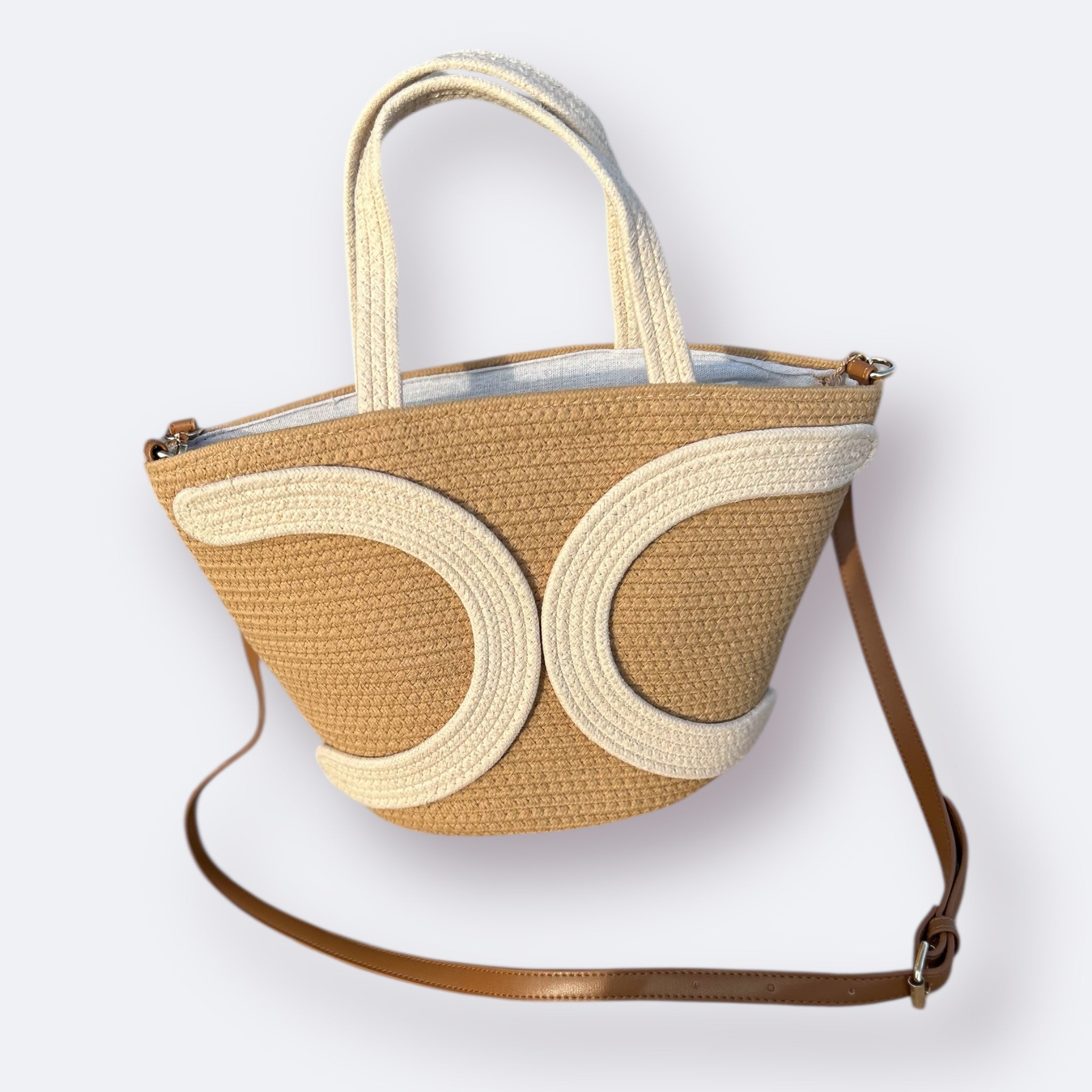 SANTORINI. Bolso de Rafia (camel y blanco)