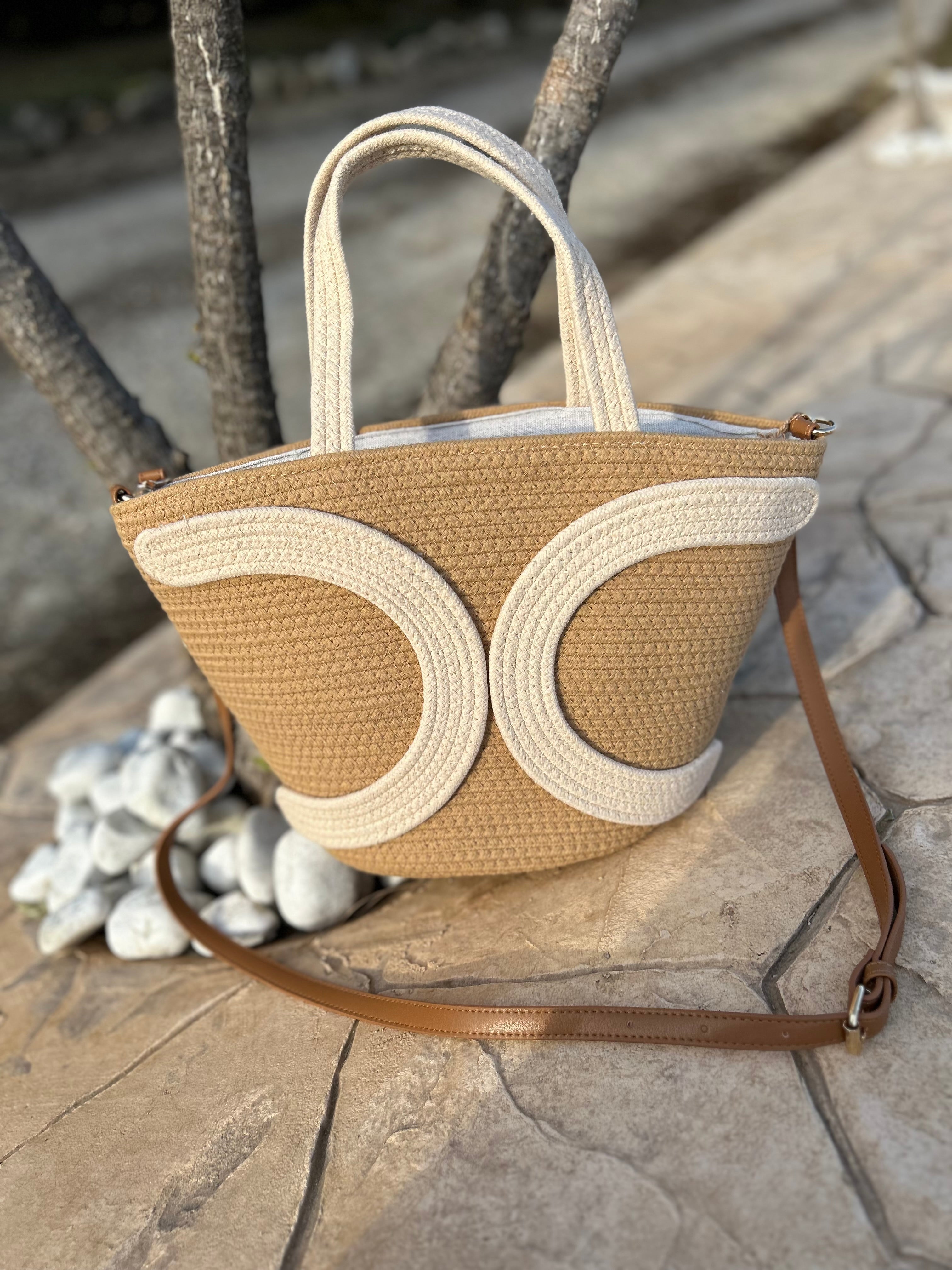 SANTORINI. Bolso de Rafia (camel y blanco)